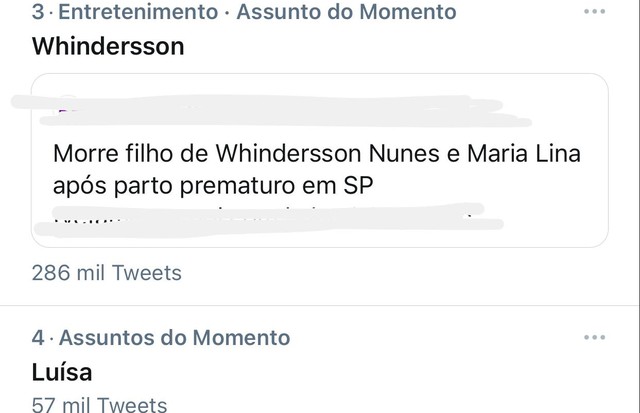 Luísa Sonza chora por ataques de haters após a morte do filho de Whindersson Nunes. Nome dos dois vai parar nos TT's do Twitter (Foto: Reprodução/Twitter)