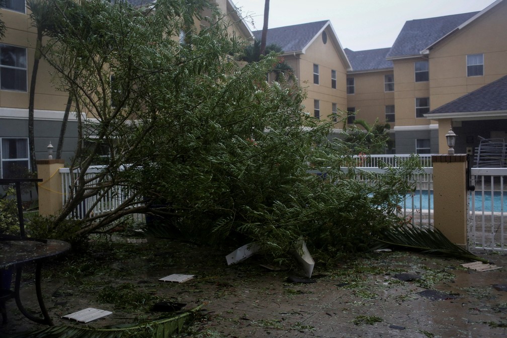 Uma árvore caída é vista na área de piscina de um hotel enquanto o furacão Ian atinge o sudoeste da Flórida, em Fort Myers, EUA  — Foto: Marco Bello/Reuters