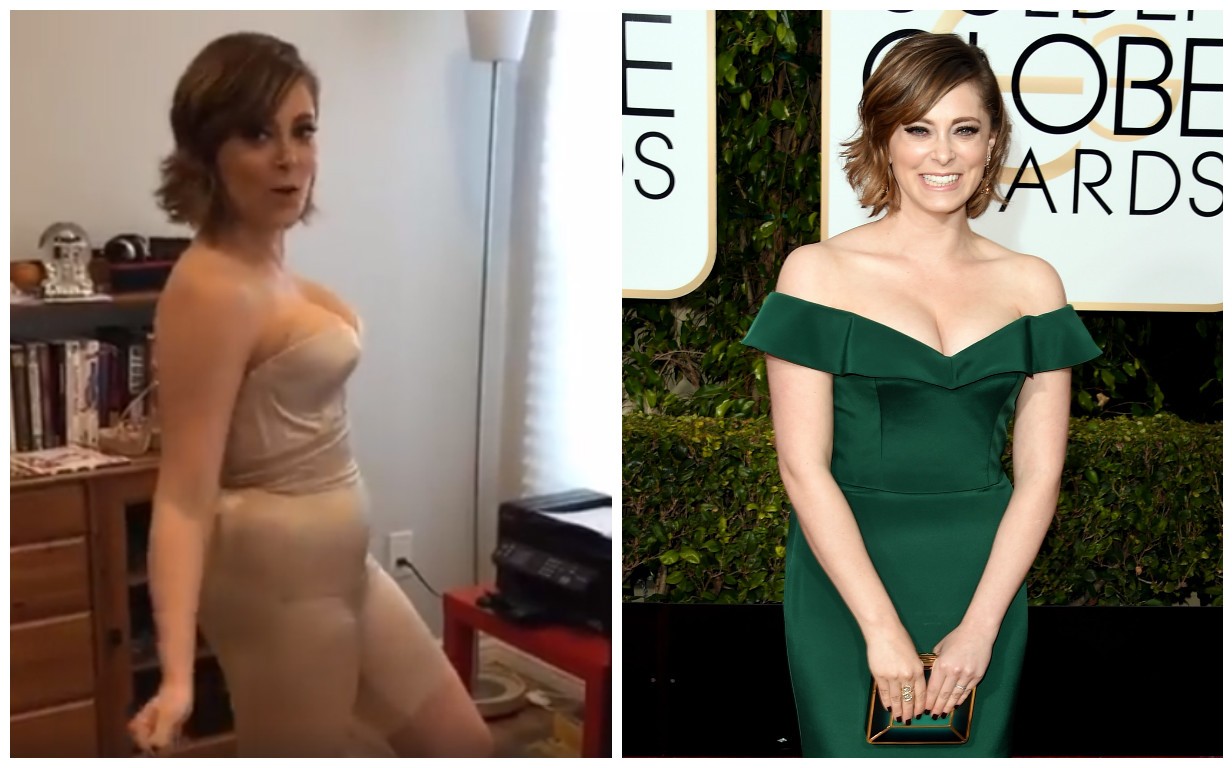 Rachel Bloom antes e durante o tapete vermelho do Globo de Ouro (Foto: Reprodução / Getty Images)