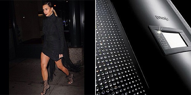 Kim Kardashian e detalhe de sua geladeira com cristais (Foto: Reprodução/Instagram e divulgação)