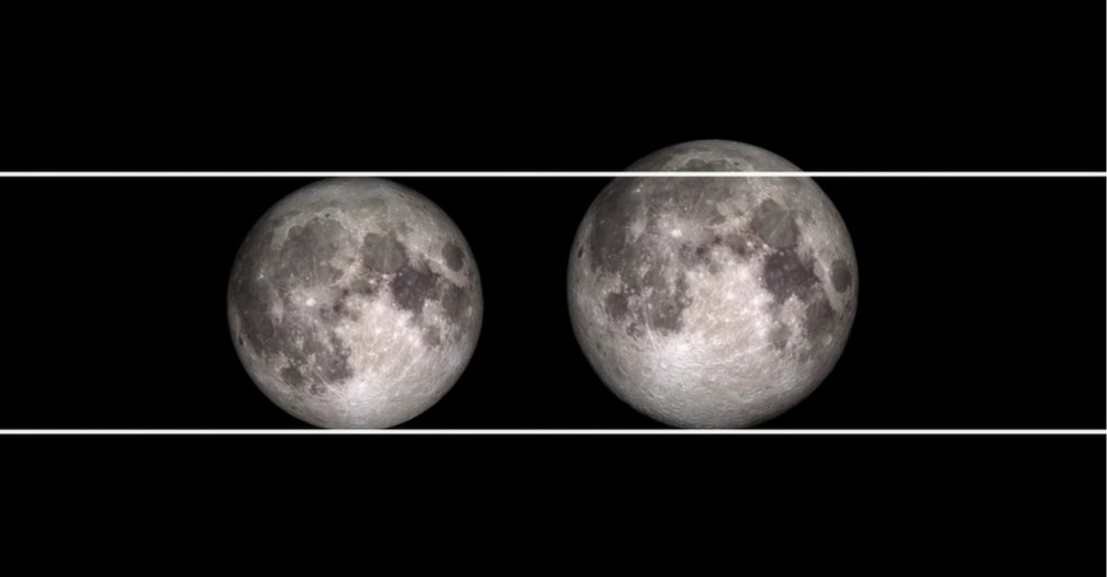 Comparação da Nasa mostra diferença entre uma lua 'normal' e 'superlua', à direita. — Foto: Reprodução/Nasa