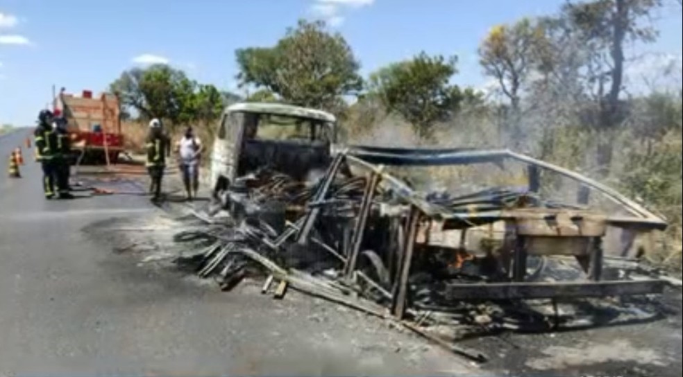 Caminhão e carga ficam totalmente destruídos após veículo pegar fogo na BR-242; chamas se espalharam em vegetação — Foto: Reprodução/TV Bahia