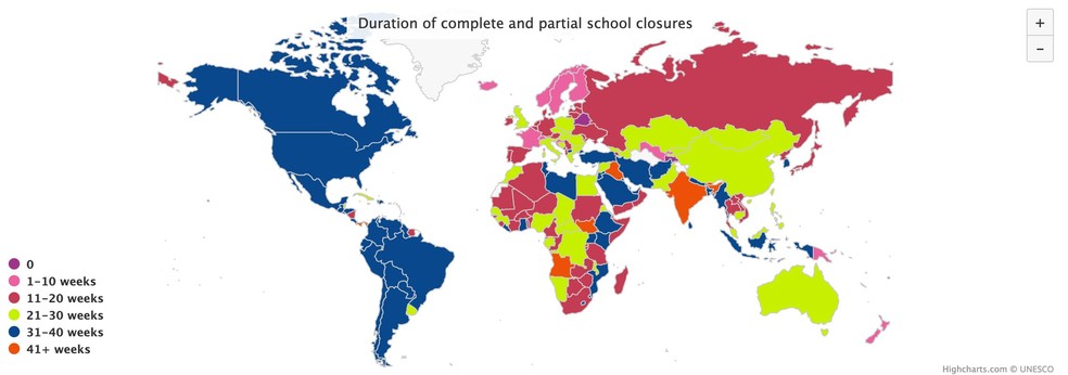 Mapa de fechamento das escolas em todo o mundo — Foto: Reprodução/Unesco
