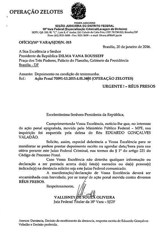 A notificação enviada à presidente Dilma Rousseff pelo juiz federal (Foto: Reprodução)