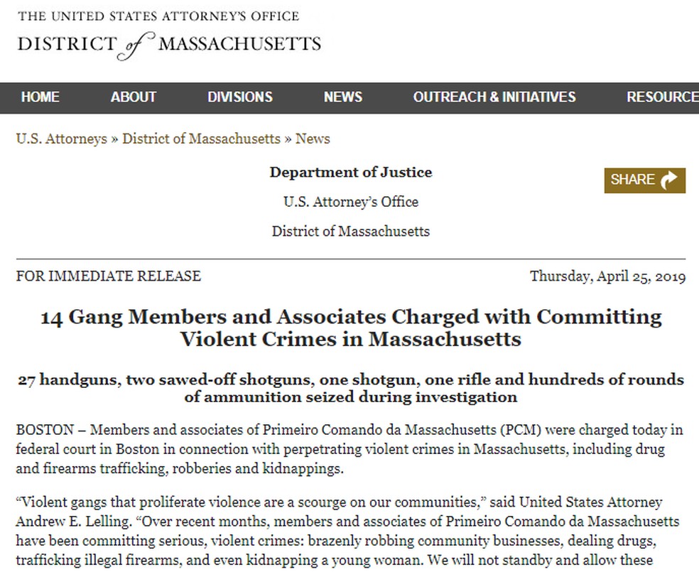 Comunicado do Departamento de Justiça americanao fala dos brasileiros detidos acusados de formar o 'Primeiro Comando de Massachusetts — Foto: Reprodução/Dept. Of Justice