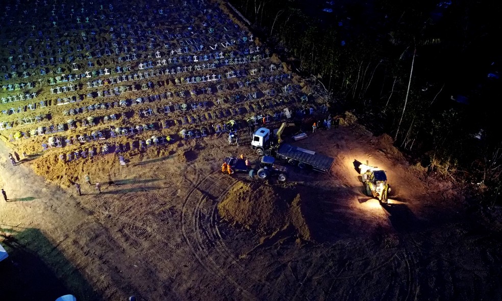 Caixões são enterrados empilhados em valas comuns, no Cemitério Nossa Senhora de Aparecida, em Manaus. — Foto: Chico Batata/Divulgação