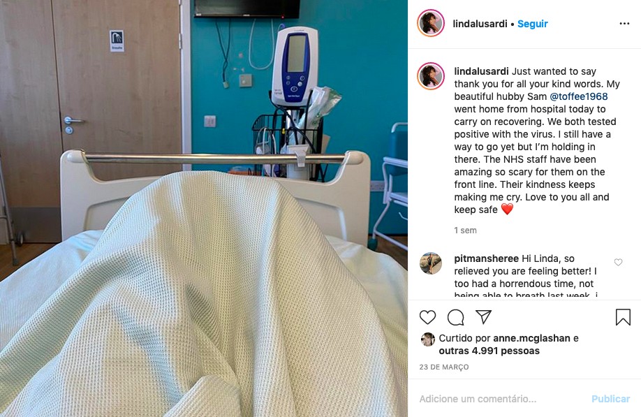 Um post feito pela atriz e apresentadora Linda Lusardi durante seu período internada após testar positivo para coronavírus (Foto: Instagram)