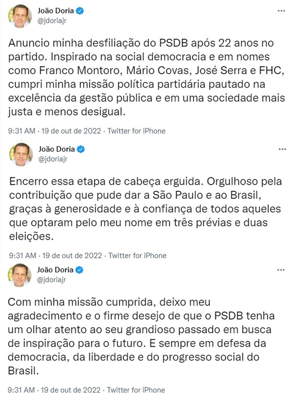 Publicação em que Doria anuncia saída do PSDB — Foto: Reprodução