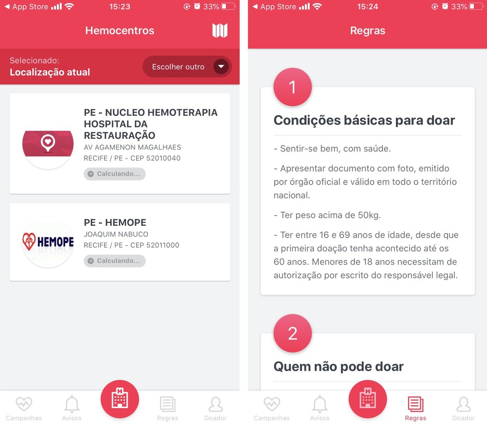 Hemovida encontra hemocentros próximos do usuário — Foto: Reprodução/Rodrigo Fernandes