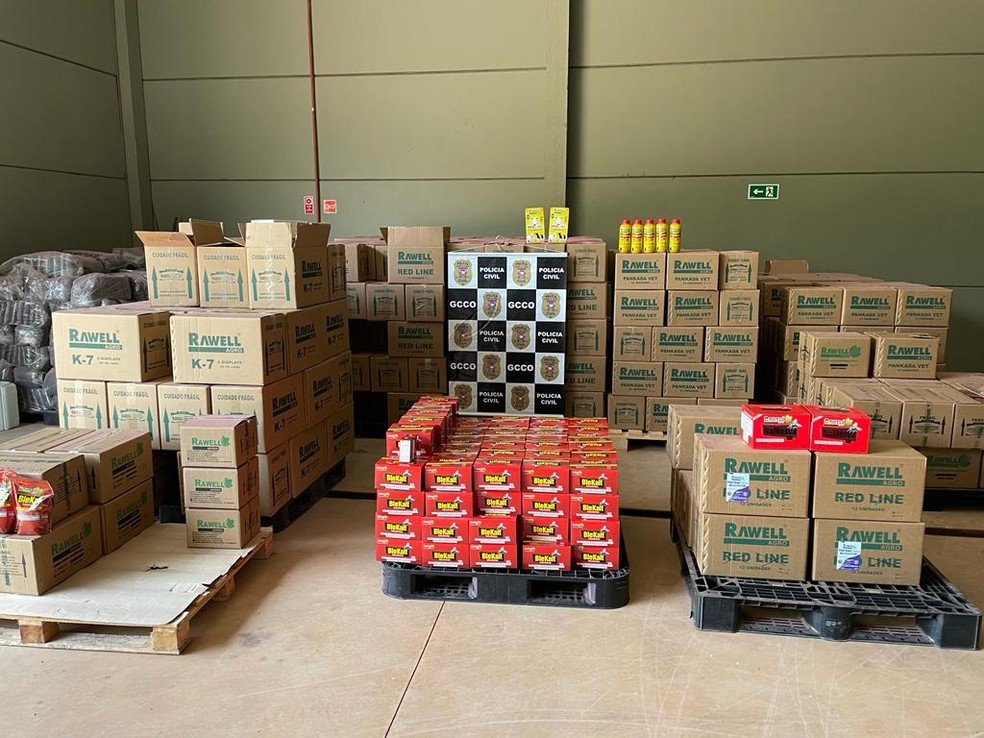 Polícia apreende 44 toneladas de agrotóxicos adulterados em Campo Verde (MT) — Foto: Polícia Civil/Divulgação