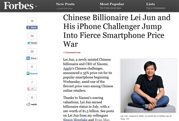 Lei Jun é mostrado em uma matéria na 'Forbes' (Foto: Reprodução)