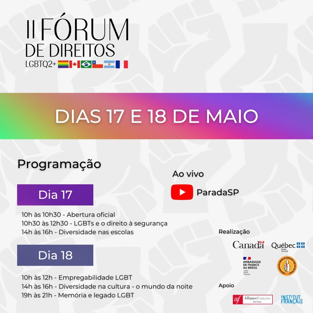 Programação do II Fórum de Direitos LGBTQ2+, que acontece em 17 e 18 de maio (Foto: Divulgação)