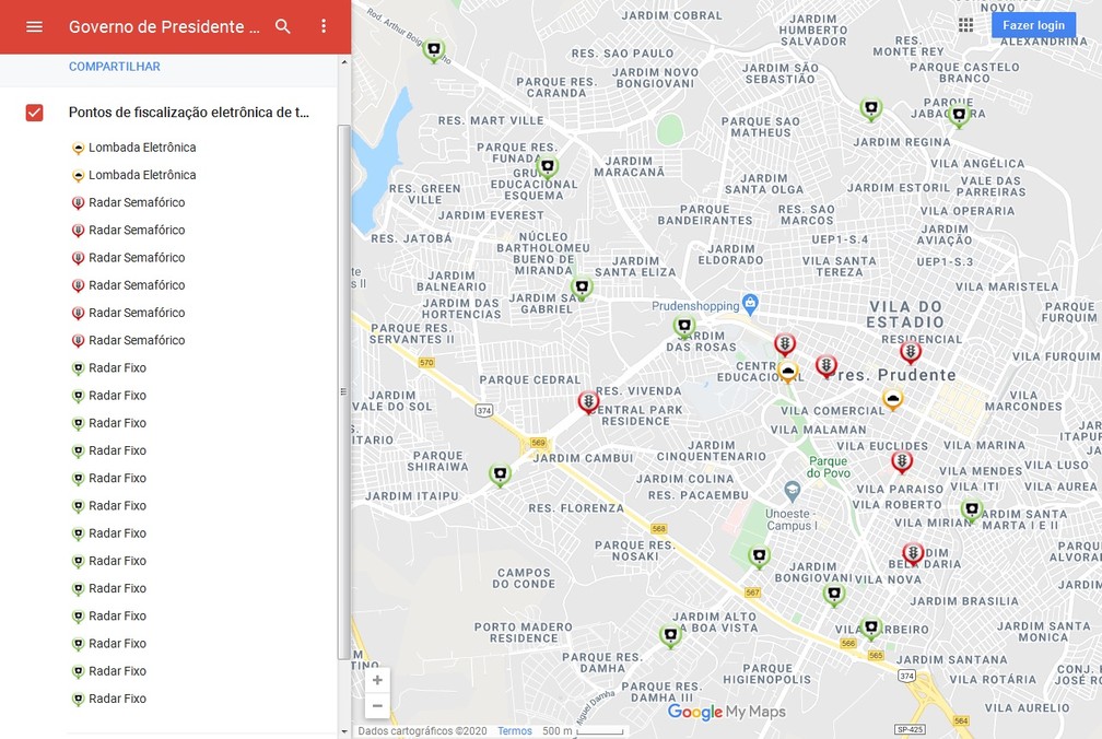 Mapa digital mostra os pontos com radares e lombadas eletrônicas em Presidente Prudente — Foto: Reprodução