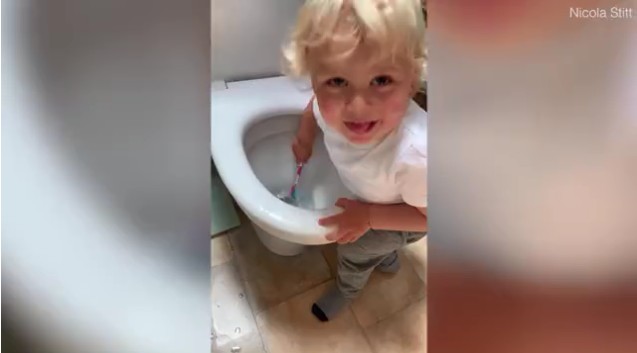 Menino de 2 anos foi flagrado pela mãe com a escova de dentes dentro do vaso sanitário (Foto: Reprodução/Daily Mail/Nicola Stitt)