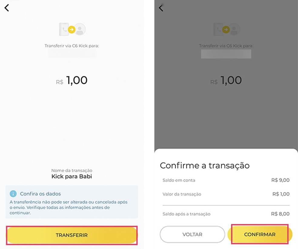 Confira os dados de transferência e o valor antes de enviar o dinheiro pelo C6 Bank — Foto: Reprodução/Barbara Mannara