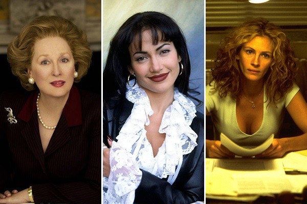 Meryl Streep como Margaret Thatcher, Jennifer Lopez em Selena e Julia Roberts como Erin Brockovich (Foto: Divulgação)