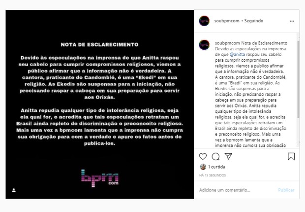 Texto da assessoria de Anitta (Foto: Reprodução/Instagram)