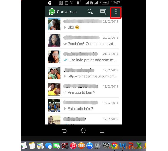 O "Bot?o de Menu" fica localizado na parte superior da tela inicial do WhatsApp (Foto: Reprodu??o/Frederico Canequela)