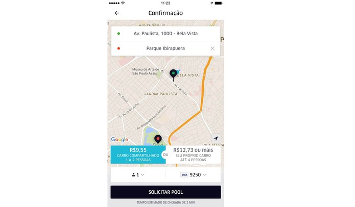 O preço da corrida compartilhada do UberPOOL é fechada e exibida antes de solicitar o carro (Foto: Divulgação/Uber)