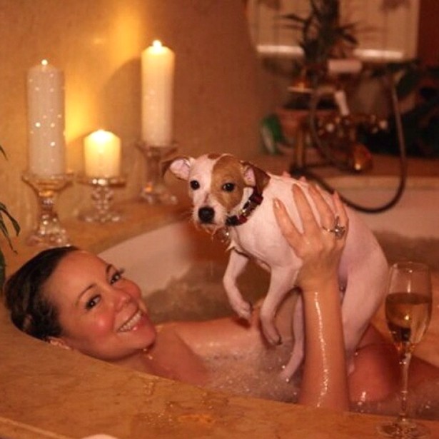 Por falar em banheira, Mariah Carey também aproveitou esse momento de assepsia para posar com seu cachorrinho e publicar a foto numa rede social. (Foto: Twitter)
