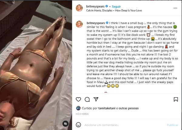 O post com o desabafo de Britney Spears (Foto: Instagram)