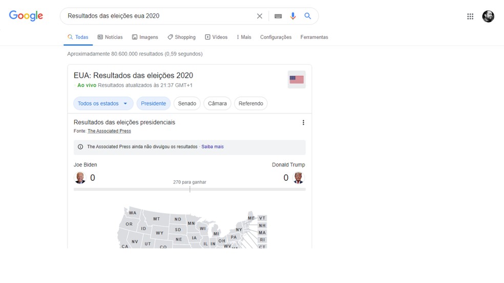 Busca do Google mostra resultados das eleições dos EUA em tempo real — Foto: Reprodução/Paulo Alves