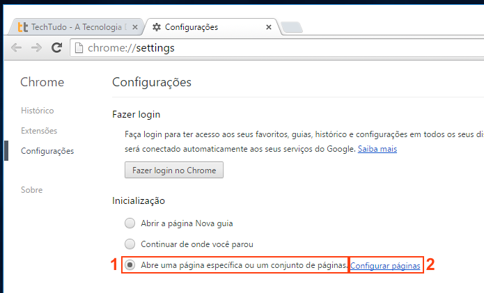 Configurando Chrome para iniciar abrindo sites (Foto: Reprodução/Edivaldo Brito)