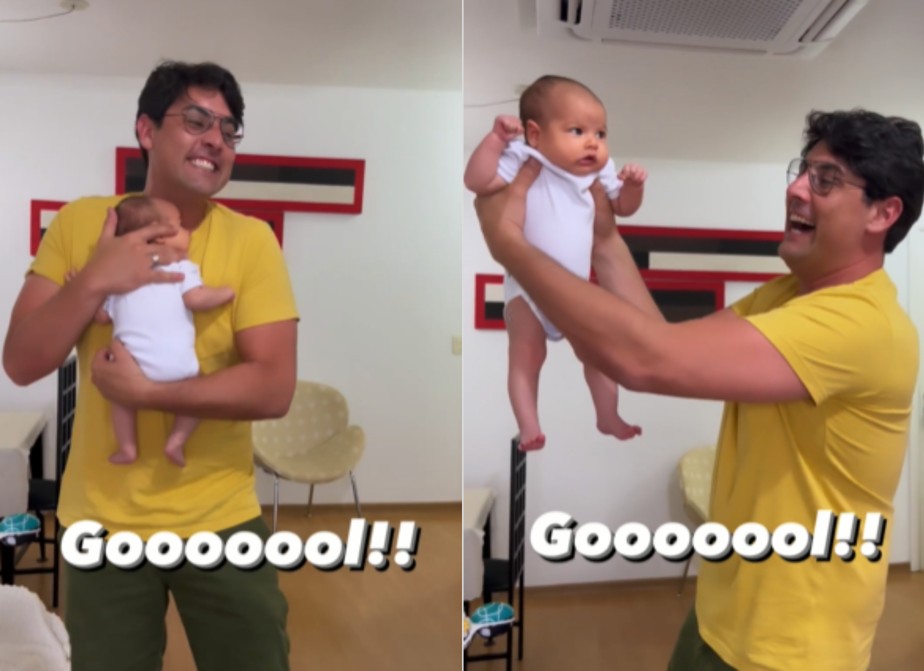 Bruno de Luca comemora gol do Brasil com o filho