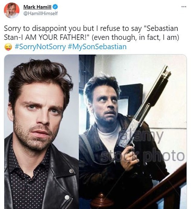 Um tuíte do ator Mark Hamill brincando com a semelhança entre ele mais novo e o ator Sebastian Stan (Foto: Twitter)