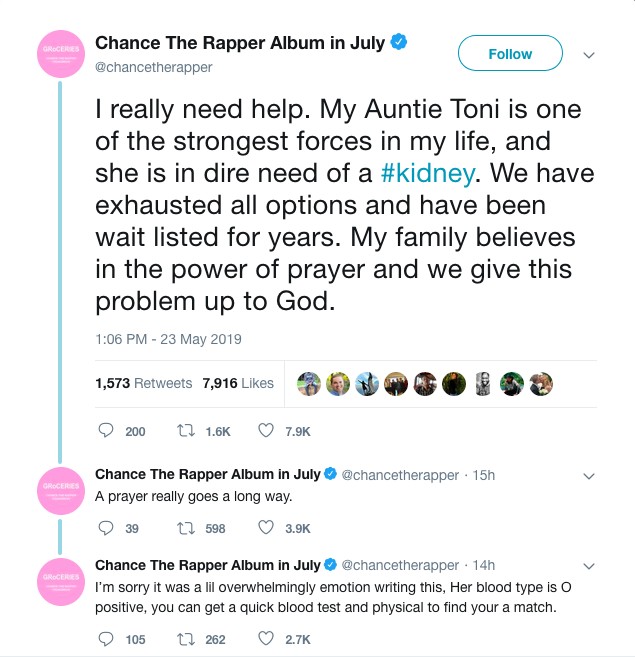 O pedido de ajuda feito pelo músico Chance The Rapper em busca de um possível doador de rim para a tia dele (Foto: Twitter)