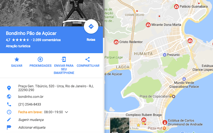 Informações detalhadas sobre um ponto turístico no Google Maps (Foto: Reprodução/Marvin Costa)