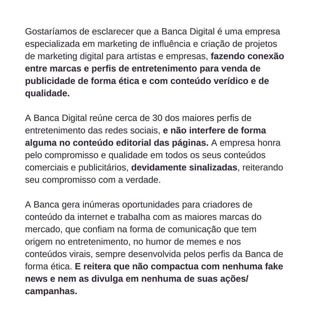 Comunicado da Banca Digital (Foto: Reprodução/ Instagram)