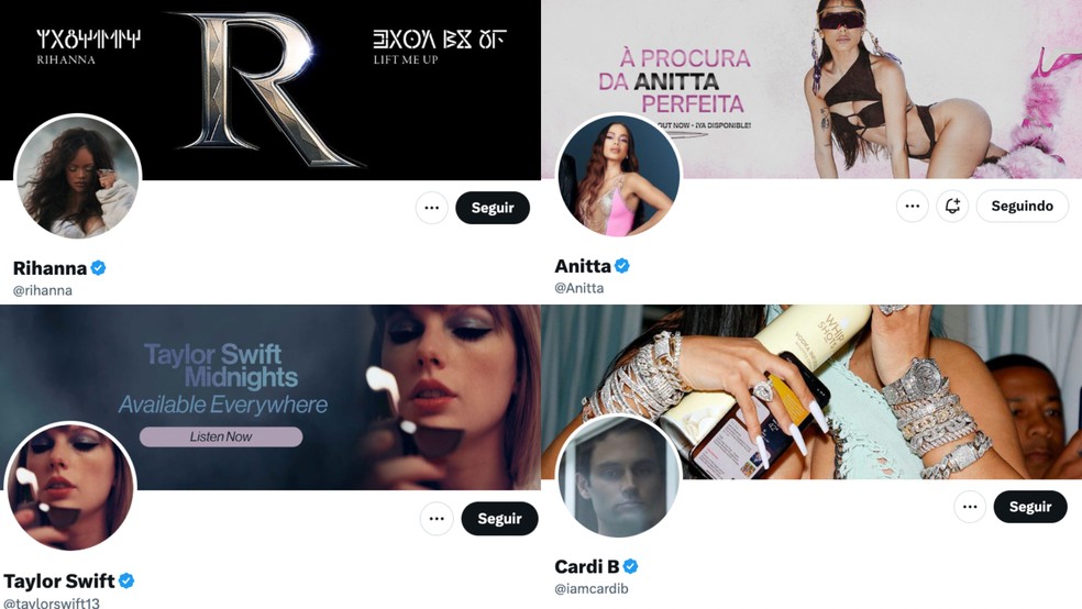 Rihanna, Anitta, Taylor Swift e Cardi B continuam com o selo verificado do Twitter — Foto: Reprodução