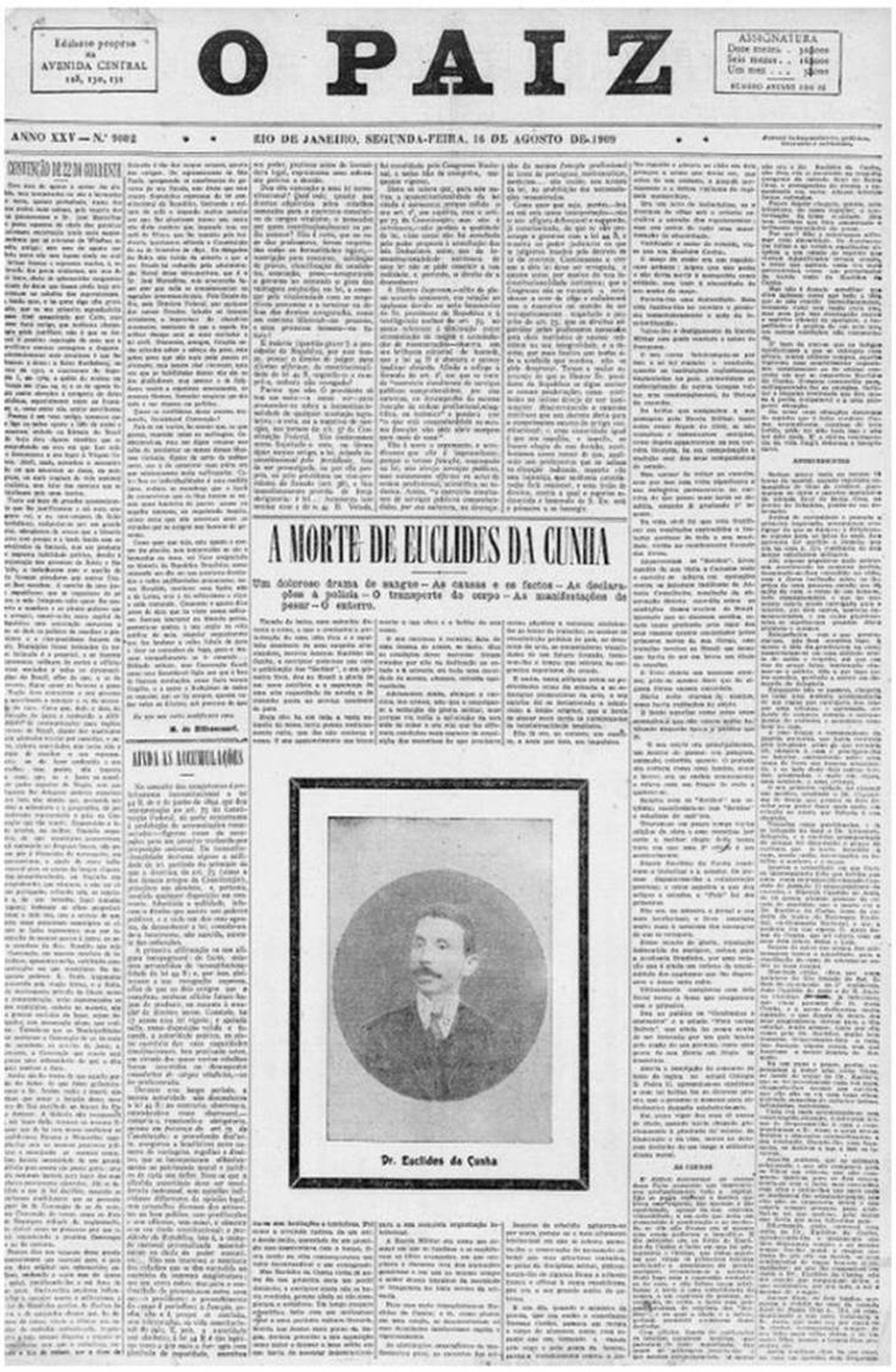 No dia seguinte à morte de Euclides da Cunha, a imprensa da época noticiou 'o doloroso drama de sangue' e o choque com a perda do célebre escritor. Capa de "O Pais" de 16 de agosto de 1916 — Foto: Fundação Biblioteca Nacional/ BN Digital