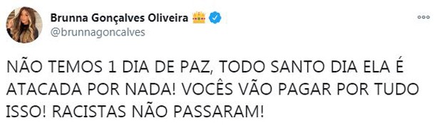 Brunna Gonçalves defende Ludmilla sobre os ataques de racismo (Foto: Reprodução / Twitter)