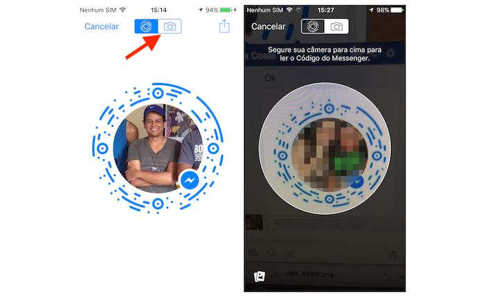 Lendo um código de usuário do Facebook Messenger com a câmera do iPhone (Foto: Reprodução/Marvin Costa)