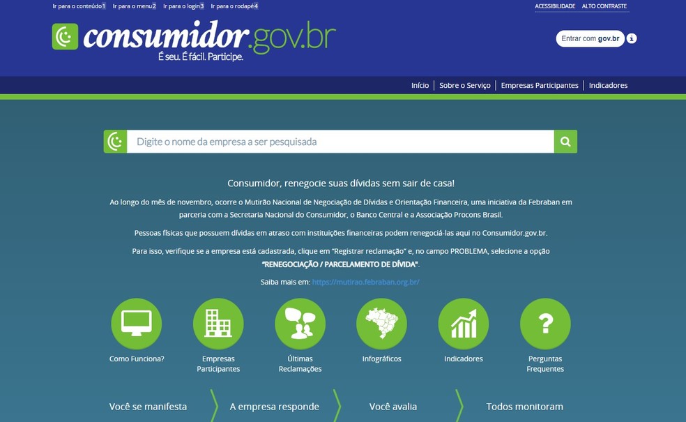 Página inicial do portal consumidor.gov.br, em acesso realizado no dia 1 de novembro de 2022 — Foto: Reprodução