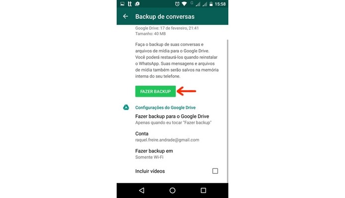 Backup de conversas do WhatsApp no Google Drive (Foto: Reprodução/Raquel Freire)