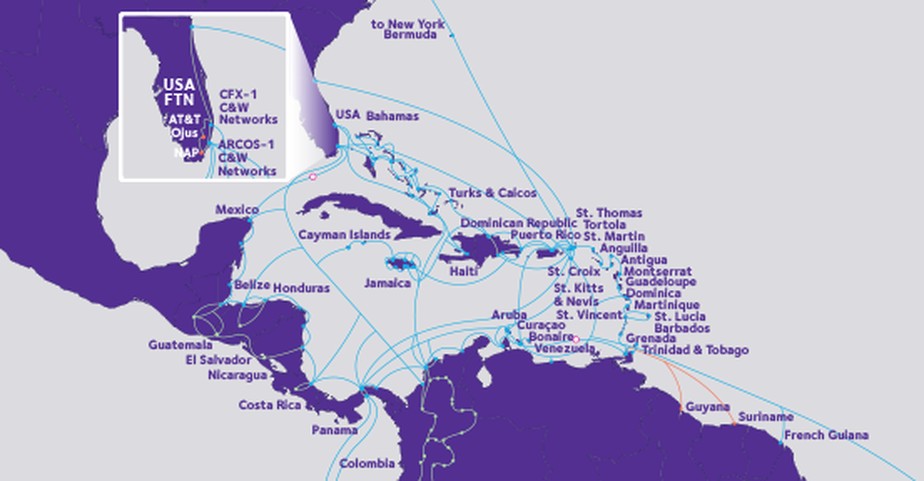 Mapa da rede de telecomunicações Arcos-1, que não inclui Cuba