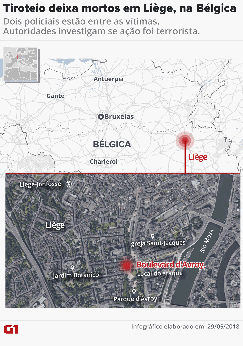 Tiroteio deixa mortos em Liège, na Bélgica (Foto: Arte G1/Juliane Souza)