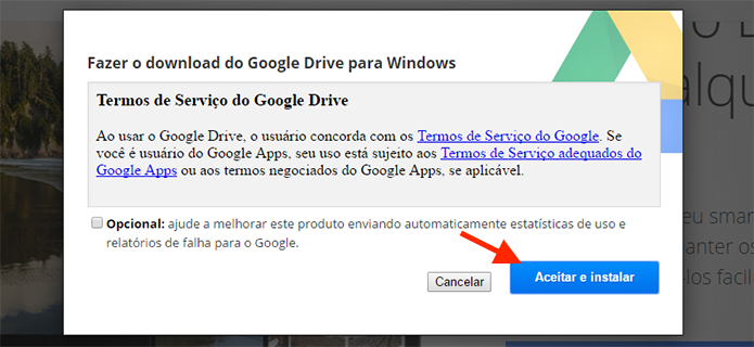 Aceitando os termos do Google Drive para iniciar o download do aplicativo para PC (Foto: Reprodução/Marvin Costa)