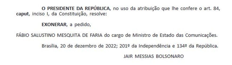 Exoneração do ministro das Comunicações, Fábio Faria — Foto: Reprodução / Diário Oficial da União