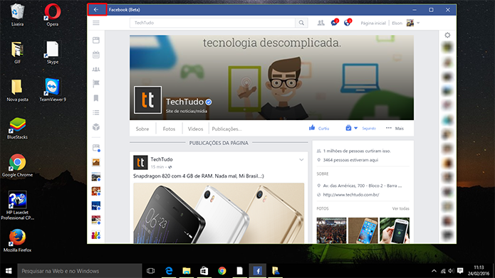 Facebook traz botão para voltar na barra de títulos do Windows 10 (Foto: Reprodução/Elson de Souza)