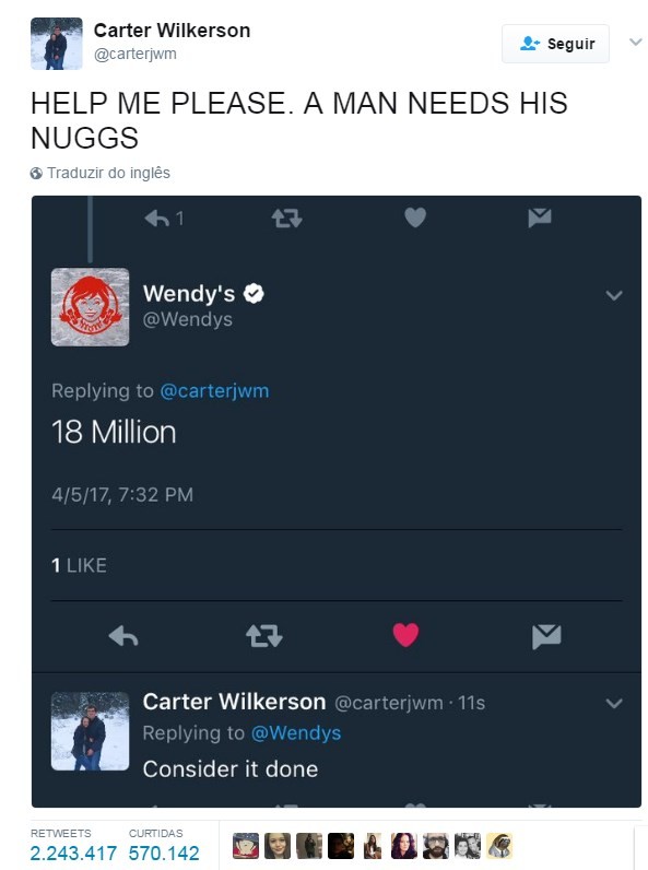 Carter já obteve mais de 2,2 milhões de RTs