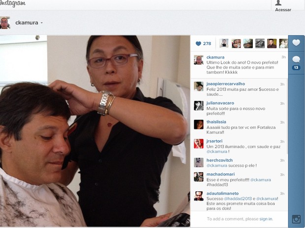 Cabeleireiro Celso Kamura postou no Instagram foto cortando o cabelo do novo prefeito Fernando Haddad (Foto: Reprodução)