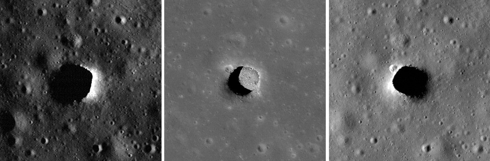 O poço de Marius Hills, um das regiões lunares com temperaturas confortáveis, em três diferentes imagens feitas pela sonda LRO. — Foto: NASA/Divulgação