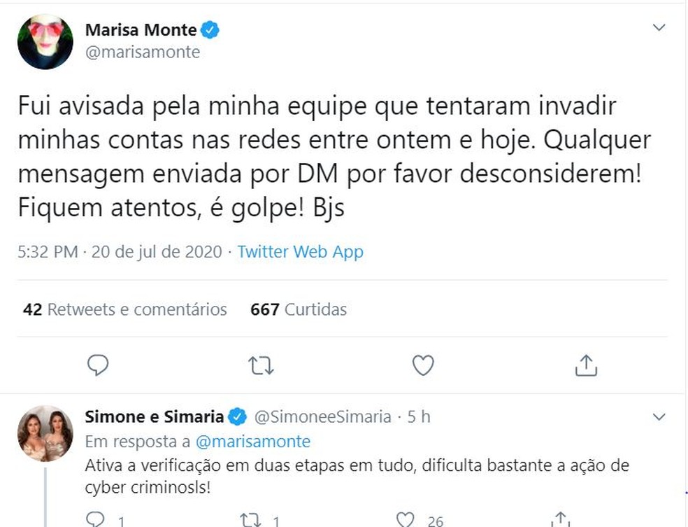 Simone e Simaria deram dica para Marisa Monte de como ela deveria agir nesse caso  — Foto: Reprodução/Twitter