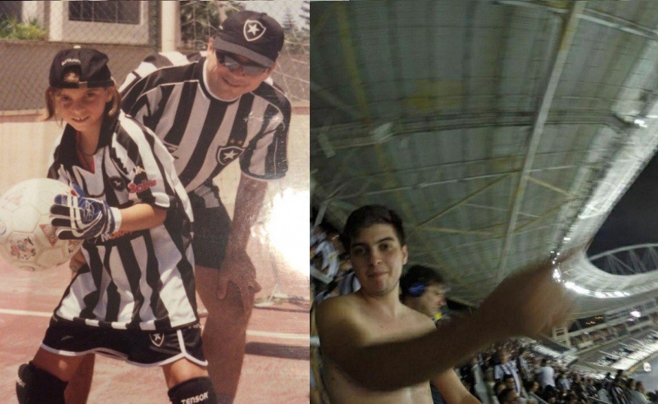 Torcedor na infância (esq.); e vida adulta (dir.), retirando pela 1ª vez a camisa em jogo do Botafogo, após mastectomia (Foto: Arquivo Pessoal)