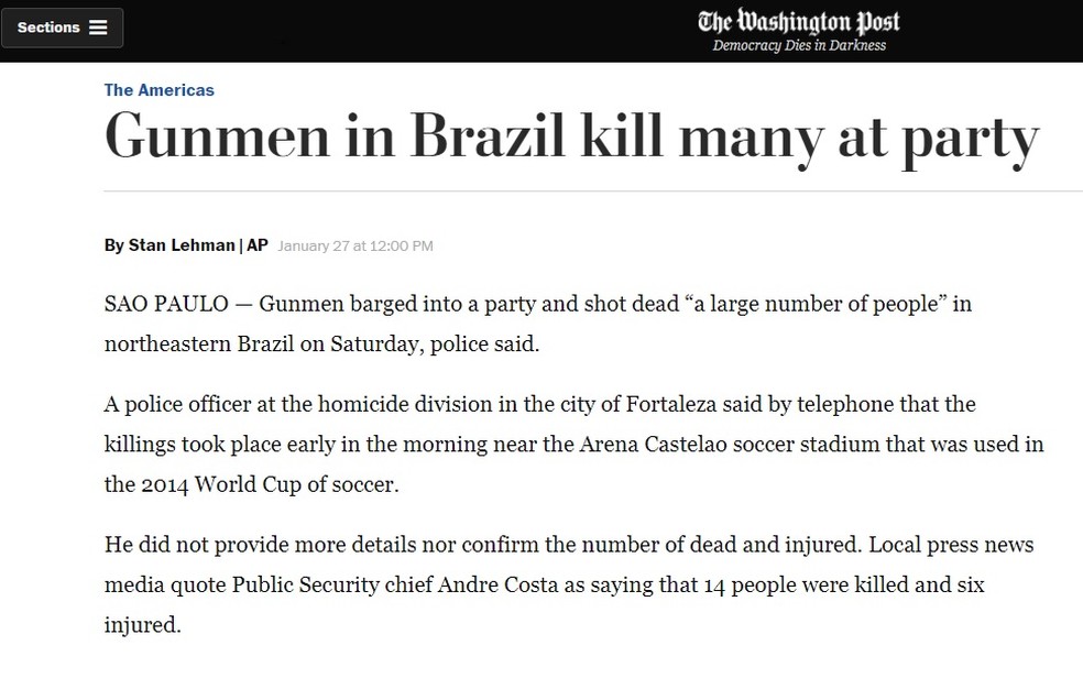 Jornal americano The Washington Post noticiou as mortes em Fortaleza (Foto: Reprodução/The Washington Post)