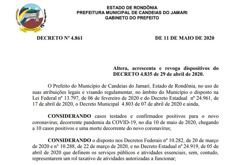Prefeitura de Candeias do Jamari alterou decreto e determinou toque de recolher na região. — Foto: Divulgação/Prefeitura de Candeias do Jamari